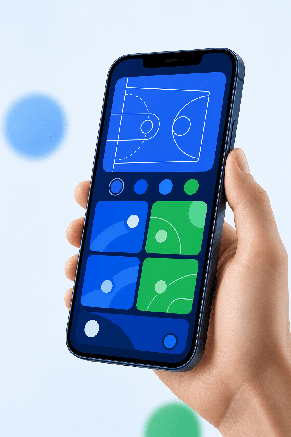 A hand holding a Playvo sports app screen with abstract court graphics